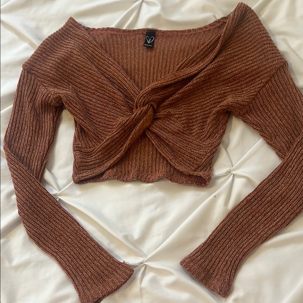 Windsor Brown Off-the-Shoulder Sweater with Twist Detail